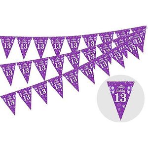 3 Pack 13e Happy Birthday Vlaggenlijn, 36 stuks driehoekige vlag paars en zilver, 13e verjaardag decoraties, verjaardag wimpel slinger voor meisjes, dertien officiële tienerfeestartikelen
