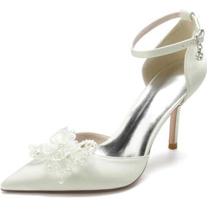 EICOFF Dames Stiletto Hakken Pareldress Pumps Schoenen Bruiloftsschoenen voor Vrouwen Gesp Op Stiletto Hakken Pumps met Kant Bloem,ivoor,35 EU