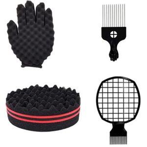 Magic Curl Spons Set voor Kapper Haar Styling: Afro Twist Haarborstel, Metalen Pick Comb en Styling Kammen (Zwart-A)