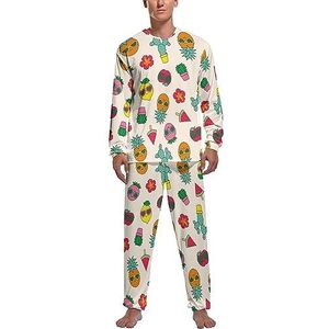Tropisch fruit en cactus zachte heren pyjama set comfortabele loungewear top en broek met lange mouwen geschenken XL