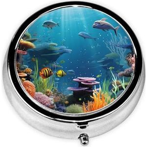 Gekleurde onderzeese wereld bedrukte ronde pillendoos, klikdeksels, pillendoos voor reizen, mini draagbare pillenorganizer voor lange termijn om mee te nemen in zakken, portefeuilles, reizen, werk