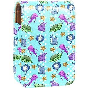 Lippenstift Hoesje met Spiegel Zeeschildpad kwallen Zeester Oceaan Blauw Lip Gloss Houder Draagbare Lippenstift Opbergdoos Reizen Make-up Tas Mini Lederen Cosmetische Pouch Houdt 3 Lippenstift