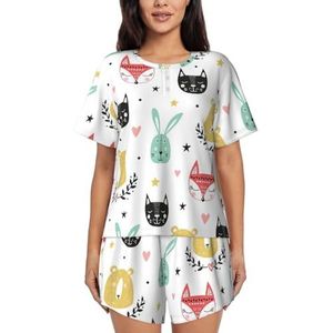 YQxwJL Kleurrijke Eenvoudige Leuke Dieren Print Vrouwen Pyjama Sets Shorts Korte Mouw Lounge Sets Nachtkleding Casual Pjs Met Zakken, Zwart, XL