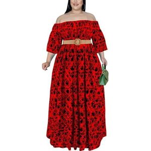 Dames Plus Size Sexy Off Shoulder Halve Mouw Bedrukte Maxi-jurk Hoge Taille A-lijn Vloeiend Grote Swing Vakantiejurk (Color : Red, Size : 3XL)