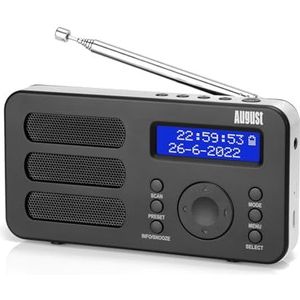 Draagbare radio met DAB+/DAB/FM - August MB225 - RDS 40 presets radiowekker stereo/mono digitale radio met slaaptimer dubbel alarm snooze en oplaadbare batterij audio-aansluiting eenvoudig voor