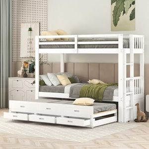VSOGA Stapelbed voor kinderen, 90 x 200 cm, huisbed voor meisjes en jongens, grenen en MDF bedframe met ladder, uittrekbaar bed en 3 laden, wit