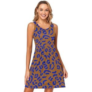 LI ZHI XIN Dames Zomerjurken Ronde Hals Casual A-lijn Mouwloos Vest Jurken met Zakken Blauw Luipaard Print Patroon, Meerkleurig, S
