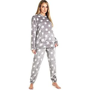 CityComfort Damespyjama, fleece pyjama met capuchon voor dames en tieners, pluizige loungewear-set, gezellige fleece pyjama's, Grijze ster, L
