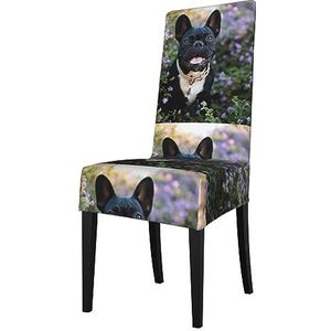 KemEng Franse buldog staat in bloemen ontwerp, stoelhoezen, stoelbeschermer, stretch eetkamerstoelhoes, stoelhoes voor stoelen
