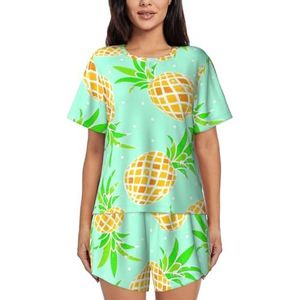 YJxoZH Groene Ananas Print Vrouwen Zomer Pyjama Sets Nachtkleding Dames Korte Mouw Nachtkleding Pjs Lounge Met Zakken, Zwart, XL