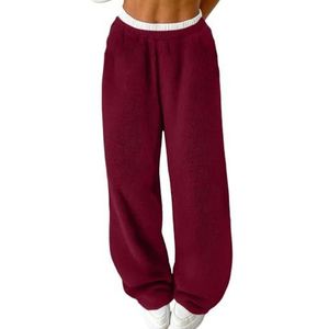 UPPJPBSW Vrouwen Winter Wijde Pijpen Fleece Casual Comfortabele Elastische Taille Sweatpants Pluche Zachte Atleet Loungebroek met Zakken,Rood,Large