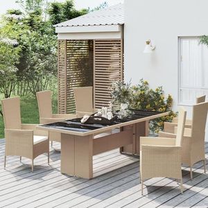 LAPOOH Tuintafel met glazen blad beige poly rotan en gehard glas, buitentafels, tuintafel, tuintafel, tuintafel, terrastafel (SPU: 319557)