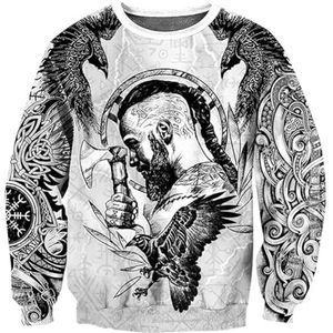 Noorse Krijger Odin Raven Hoodie - Nieuwe 3D-geprinte Viking Strijdbijl Punk Mode Ronde Hals Pullover Sweatshirt - Middeleeuwse Pagan Big Pocket Top (Color : Round Neck, Size : S)