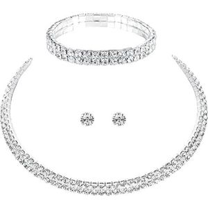 3 Stks/set Crystal Bridal Sieraden Voor Vrouwen Zilveren Kleur Strass Ketting Oorbellen Armband Wedding Party Sieraden Set, Witte diamant