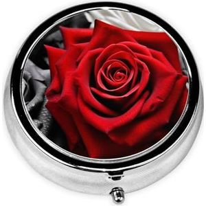 Pillendoosje met spiegel, retro pillendoosje met 3 vakken, zwart-witte en rode rozen, kleine pillenorganizer voor portemonnee of zak, decoratieve metalen medicijnen, vitamine-organizer, unieke