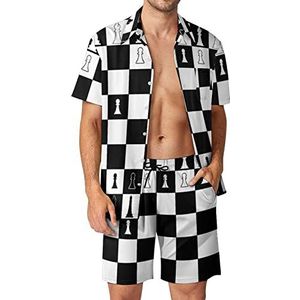 Zwart-witte lay-out van een schaakbord Hawaiiaanse bijpassende set voor heren, 2-delige outfits, overhemden en shorts met knopen voor strandvakantie