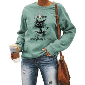 MLZHAN It's Fine I'm Fine Everything Is Fine Dames Sweatshirt Grappig Explosief Haar Kat Print Shirts Lange Mouw Truien Top, Lichtgroen, S