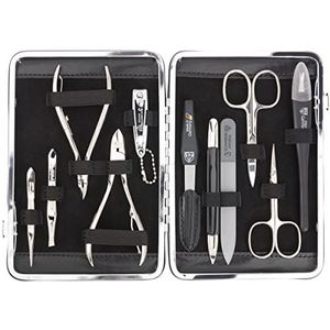 DREI SCHWERTER - 11-delige manicureset 'Fano' | Nagelverzorgingsset in etui van zwart kunstleer | Inhoud: nagelschaar, nageltang, huidschaar, saffier nagelvijl en nog veel meer!