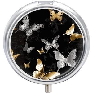 Goud Wit Vlinders Zwarte Pillendoos PortablePill Organizer Reizen Pillencase voor Pocket Of Portemonnee Geneeskunde Pil Container met Spiegel 3 Compartimenten Dagelijkse Geneeskunde Organizer