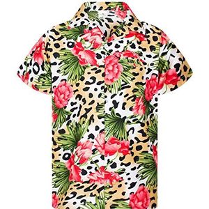 Funky Hawaiiaans Overhemd, Hawaii-Overhemd, Korte Mouw, Leopard Flowers, Beige Natuurlijk, L