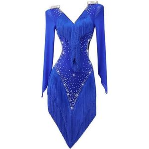 FZHQNZJF Lange Mouw Latijns Dansjurken voor Vrouwen Glanzend Tango Cha Cha Concurrentie Rok Kwast Balzaal Dansende Kleding V-Hals Rugloos Salsa Dans Kostuum,Blauw,L