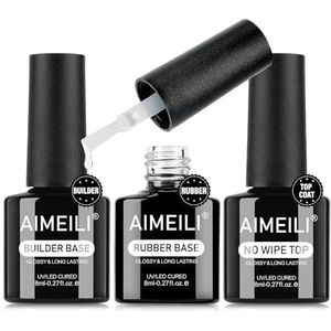 AIMEILI Builder Base Gel Clear Rubber Base en No Wipe Top Coat Set, Nail Extension Builder Nail Enhancement voor Nagels Gebouw Versterking Decoratie Rhinestones Lijm Gel Manicure, 3 x 8 ml