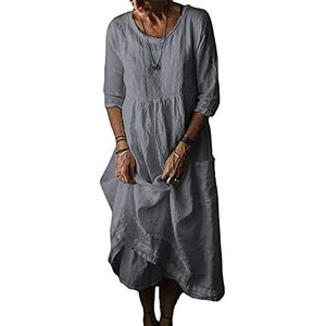 Shinyforetooth Damesjurk 3/4 mouw zomerjurk casual maxi-jurk vintage etnische strand lange jurken plus size tuniek S-5XL, Grijs, M