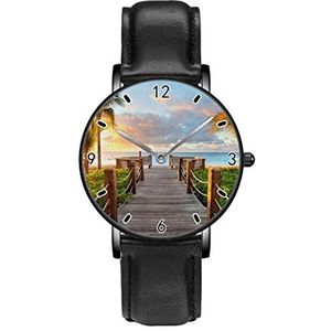 Track Palmbomen Strand Zee Oceaan Klassieke Patroon Horloges Persoonlijkheid Business Casual Horloges Mannen Vrouwen Quartz Analoge Horloges, Zwart