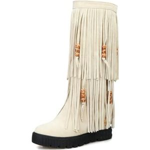 Platform Hoge Laarzen Met Franjes + Kralen Dames Western Cowboylaarzen Sleehak Lange Schacht Laarzen Vintage Suède Ridderlaarzen Herfst Winter Instappers for Buiten(Beige,38 EU)