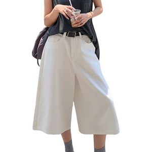 Vrouwen Wijdere Jeans Shorts Medium en Lange Trendy Hoge Taille Baggy Losse Denim Casual Broeken met Zakjes,Wit,L