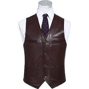 WORNEW Leren herenvest heren lederen vest zakelijke casual slank lederen vest mouwloze jas vest motorfiets PU-leer vest (kleur: kastanjebruin, maat: S)