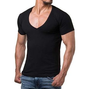 ReRock Young & Rich Heren V-Hals Slim Fit T-shirt - Man diep V-Hals Shirt - t-shirt heren met diepe V - S tot 3XL (Zwart, L)