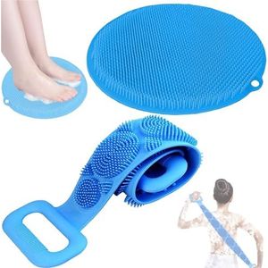 QUPOLPOL Ergonomische badborstel, rugborstel met lange handgreep met antislip voetschrobber, complete lichaamsmassageset, spa-peeling, blauw, standaard