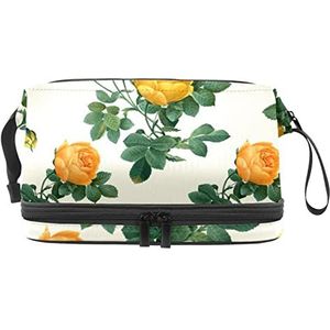 Dubbele Laag Cosmetische Tas Geel Bloemen Draagbare Make-up Tas Reizen Organizer Pouch voor Vrouwen Meisjes Toiletartikelen Tassen, Meerkleurig, 27x15x14 cm/10.6x5.9x5.5 in, Make-up zakje