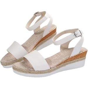 Zomersandalen 2024 Met Espadrille Sleehak, Damessandalen Met Peeptoe En Gesp Retro Romeinse Sandalen Met Platform Elegante PU-leren Hoge Hakken Vrijetijdsstrandschoenen (Color : White, Size : 39 EU