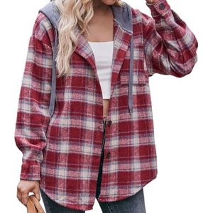 Dames Flanellen Geruit Overhemd met Lange Mouwen Dames Flanellen Geruit Overhemd met Lange Mouwen Casual Jack Uitgaan met Capuchon Blouse Knoopblouse Top met Zakken Jas met Geruite Print(Red,M)