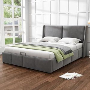 lulalula Gestoffeerd bed, oorvorm, kussen hoofdeinde, tweepersoonsbed, hydraulisch functioneel bed, 140 x 200, grijs