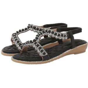 Xytraiihw Sandalen Dames Zomer 2025, Mode Parel Strass Sandalen Lichtgewicht Casual Comfortabele Romeinse Strandschoenen Elastische Band Grote Maat Glitter Pantoffels voor Bruiloft Prom,zwart,36 EU
