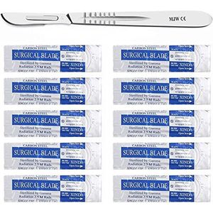Set - 10 st. scalpelmessen figuur 21 uit koolstofstaal - reservemessen enkelvoudig steriel verpakt + 1 x - scalpelhouder 4 met 13.5 cm lang handvat - roestvrij staal