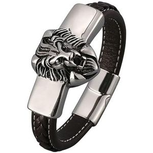 Beydodo Lederen armbanden voor heren, bedelarmband, partner, magneet, leeuw, gepersonaliseerde armband, mannen, 18,5 cm, bruin