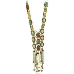 Boheemse turquoise ketting dames lange retro zilveren overdreven trui ketting etnische dansvoorstelling sieraden (Color : GOLDEN)