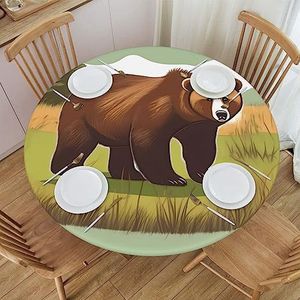 Bruine beer lopen patroon rond tafelkleed, waterdicht en afveegbaar met elastische randen, geschikt voor het decoreren van ronde tafels.