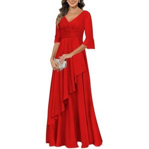 KIYNE Jurken voor dames, V-hals, moeder van de bruid met mouwen, geplooide ruches chiffon formele avondjurk, Rood, 36
