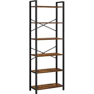 VASAGLE Boekenkast met 6 niveaus, opbergrek, stalen frame, voor woonkamer, studeerkamer, kantoor en gang, hoogte 186 cm, industriële vormgeving, vintage bruin-zwart LLS062B01