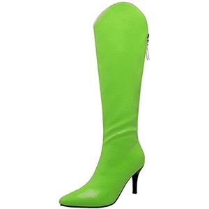 Onewus Elegante dijbeenlaarzen voor dames met stiletto-hakken en puntige kant voor feestjes, groen 1, 46 EU