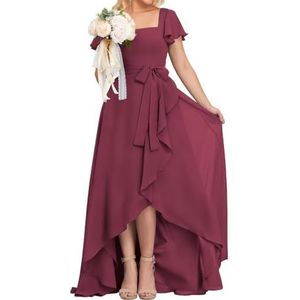 High-Low Prinses Bruidsmeisjesjurken Vierkante Hals Galajurk Chiffon Formele Avondfeestjurk met Mouwen, Woestijnroos, 32