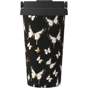 EdWal Goud-witte vlinders zwarte print 500ml koffiemok, geïsoleerde campingmok met deksel, reisbeker, geweldig voor elke drank