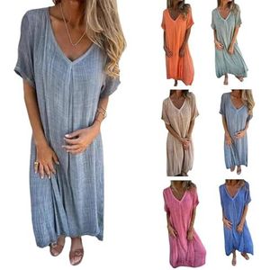 Frontaley Solid Casual Dress, Frontaley Cotton and Linen V-Neck Midi Dress, Linen Dresses for Women uk, Comfortable Style Flowy Holiday Beach Wear (Gray,M)