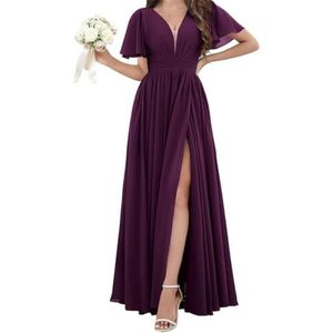 Chiffon bruidsmeisjesjurken voor dames, voor bruiloft, met split, avondgalajurken, cocktailjurken, grote maten, Pruim, 32
