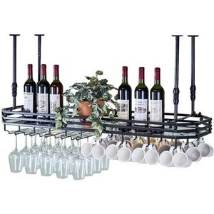 JLVAWIN Opbergrek wijnrekken met glazen houder metalen plafond gemonteerde hangende wijnhouder opknoping glaswerk wijnglashouder organisator rek, wijnfleshouder (zwart) planken (maat: 150 cm x 35 cm)